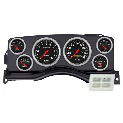 AutoMeter Sport-Comp Instrument Clusters for 1987-1989 MUSTANG - 2924-11 Gauge Kit, Sport-Comp, Analog, Black Face, Speedometer, Tach, Oil, Water, Volt, Fuel, White Numbers, Red Pointers, Black Panel, Ford, Kit