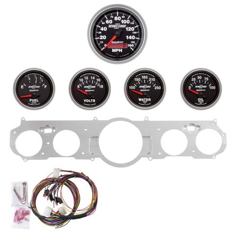 AutoMeter Sport-Comp II Instrument Clusters for 1965-1966 MUSTANG - 7035-12 Gauge Kit, Sport-Comp, Analog, Black Face, Speedometer, Oil, Water, Volt, Fuel, White Numbers, Red Pointers, Aluminum Panel, Chevy, Kit