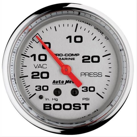 AutoMeter Pro-Comp Marine Analog Gauges 200775-35 Gauge, Marine, Boost/Vacuum, 2 5/8 in., 30 in. HG/20 psi, Full Sweep, Silver Face, Red Pointer, Chrome Bezel, Mechanical, Each