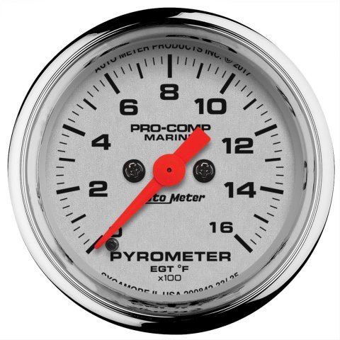 AutoMeter Pro-Comp Marine Analog Gauges 200842-35 Gauge, Marine, EGT/Pyrometer, 2 1/16 in., 0-1,600 degrees F, Full Sweep, Silver Face, Red Pointer, Chrome Bezel, Electrical, Each