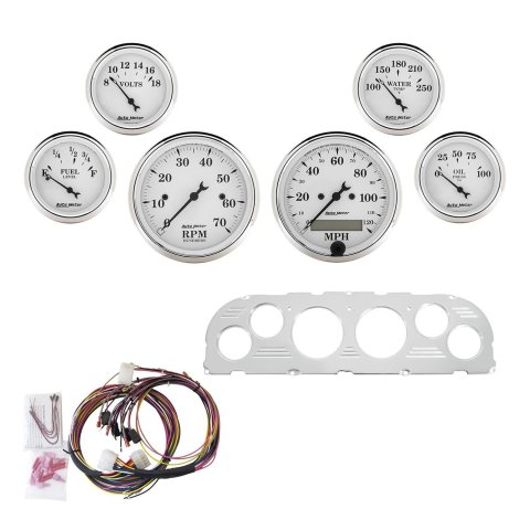 AutoMeter Old Tyme White Series Instrument Clusters 7047-OTW Cluster, White, Analog, Speedometer, Tach, Oil Pressure, Water Temperature, Fuel Level, Face, Polished Panel, Chevy, Kit