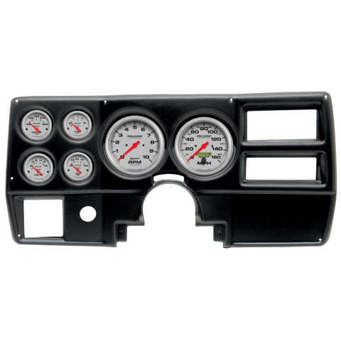 AutoMeter Ultra-Lite Instrument Clusters 2923-13 Gauge Kit, Ultra-Lite, Analog, Silver Face, Speedo, Tach, Oil, Water, Volt, Fuel, Black Numbers, Red Pointers, Black Panel, Chevy, With A/C, Kit