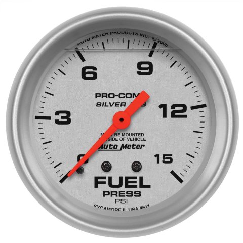 AutoMeter Pro-Comp Silver Face Gauges 4611 Gauge, Pro-Comp, Face, Fuel Pressure, 0-15 psi, 2 5/8 in., Analog, Mechanical, Each