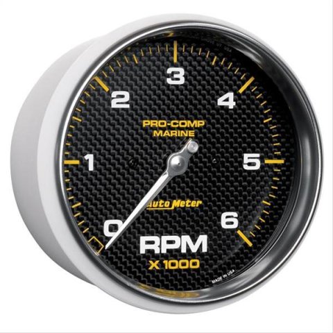 AutoMeter Pro-Comp Marine Tachometer Gauges 200750-40 Gauge, Marine, Tachometer, 5 in., 0-6,000 rpm, Full Sweep, Carbon Fiber Face, Silver Pointer, Silver Bezel, Electrical, Each