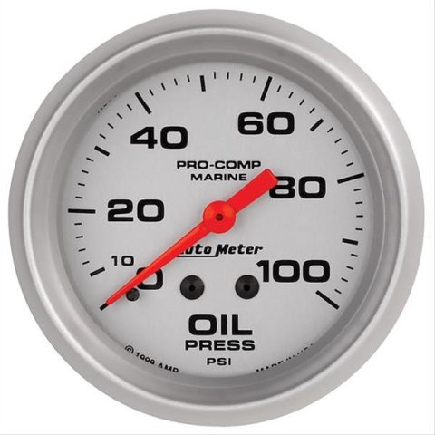 AutoMeter Pro-Comp Marine Analog Gauges 200777-33 Gauges, Marine, Analog, Oil Pressure, 0-100 psi, 2 5/8 in., Full Sweep, Silver Face and Bezel, Black Numbers, Red Pointer, Mechanical, Each