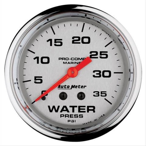 AutoMeter Pro-Comp Marine Analog Gauges 200773-35 Gauge, Marine, Water Presure, 2 5/8 in., 0-35 psi, Full Sweep, Silver Face, Red Pointer, Chrome Bezel, Mechanical, Each