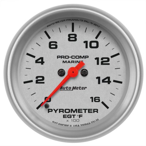 AutoMeter Pro-Comp Marine Analog Gauges 200844-33 Gauge, Marine, EGT/Pyrometer, 2 5/8 in., 0-1,600 degrees F, Full Sweep, Silver Face, Red Pointer, Silver Bezel, Electrical, Each