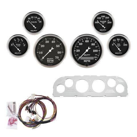AutoMeter Old Tyme Black Series Instrument Clusters 7047-OTB Cluster, Series, Analog, Speedometer, Tach, Oil Pressure, Water Temperature, Fuel Level, Polished Panel, Chevy, Kit