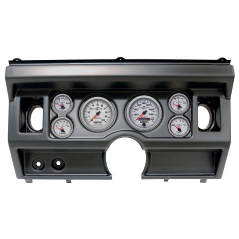 AutoMeter Ultra-Lite II Instrument Clusters 2919-14 Gauge Kit, II, Analog, Silver Face, Speedo, Tach, Oil, Water, Volt, Fuel, Black Numbers, Red Pointers, Black Panel, Ford, With A/C, Kit