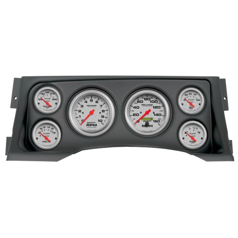 AutoMeter Ultra-Lite Instrument Clusters 2928-13 Gauge Kit, Ultra-Lite, Analog, Silver Face, Speedometer, Tach, Oil, Water, Volt, Fuel, Black Numbers, Red Pointers, Black Panel, Chevy, GMC, Kit