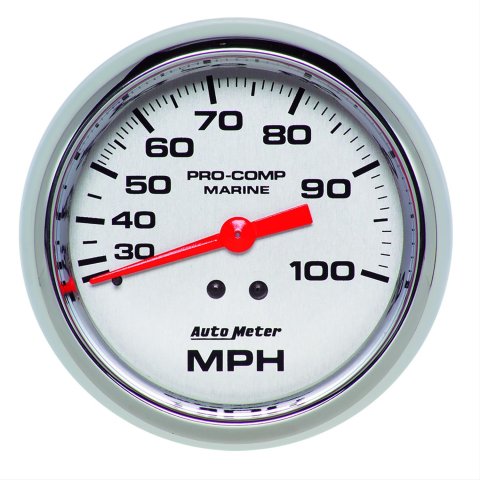 AutoMeter Pro-Comp Mechanical Speedometers 200754-35 Gauge, Marine, Speedometer, 3 3/8 in., 0-100 mph, Full Sweep, Silver Face, Red Pointer, Chrome Bezel, Mechanical, Each