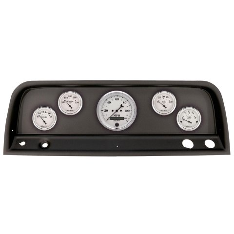 AutoMeter Old Tyme White Series Instrument Clusters 2109-08 Gauge Kit, White, Analog, Speedometer, Oil, Water, Volts, Fuel, Black Numbers and Pointers, Black Panel, Chevy, Kit
