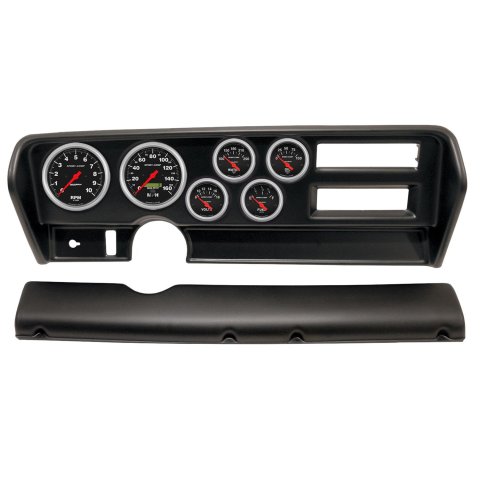 AutoMeter Sport-Comp Instrument Clusters for 1970-1972 GTO, LEMANS - 2915-11 Gauge Kit, Sport-Comp, Analog, Black Face, Speedo, Tach, Oil, Water, Volt, Fuel, White Numbers, Red Pointers, Black Panel, Pontiac, With A/C, Kit