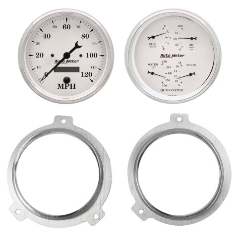 AutoMeter Old Tyme White Series Instrument Clusters 7038-08 Gauge Kit, White, Analog, Speedometer, Oil, Water, Volt, Fuel, Black Numbers and Pointers, Aluminum Panel, Chevy, Kit