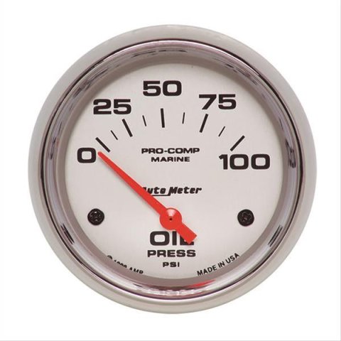AutoMeter Pro-Comp Marine Analog Gauges 200759-35 Gauge, Marine, Oil Pressure, 2 5/8 in., 0-100 psi, Short Sweep, Silver Face, Red Pointer, Chrome Bezel, Electrical, Each