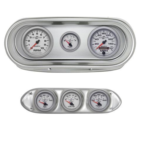 AutoMeter Ultra-Lite II Instrument Clusters for 1962-1965 CHEVY - 2127-14 Gauge Kit, II, Analog, Silver Face, Speedo, Tach, Oil, Water, Volts, Fuel, Black Numbers, Red Pointers, Brushed Panel, Chevy, Kit