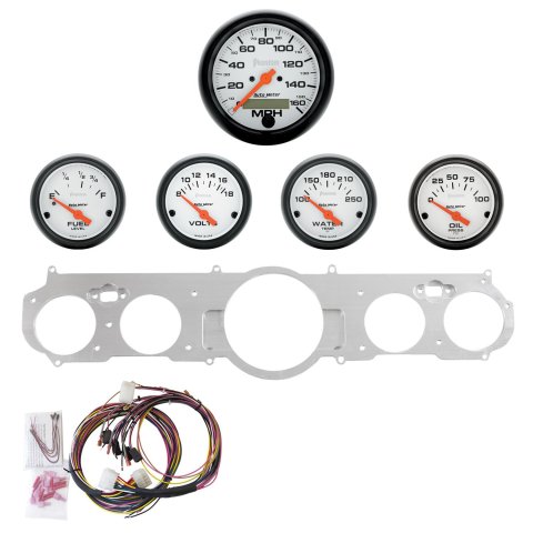 AutoMeter Phantom Instrument Clusters for 1965-1966 MUSTANG - 7035-09 Gauge Kit, Phantom, Analog, White Face, Speedometer, Oil, Water, Volt, Fuel, Black Numbers, Red Pointers, Aluminum Panel, Chevy, Kit