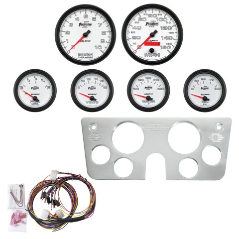 AutoMeter Phantom II Instrument Clusters 7045-10 Gauge Kit, II, Analog, White Face, Speedometer, Tachometer, Oil, Water, Volt, Fuel, Silver Numbers, Red Pointers, Aluminum Panel, Chevy, Kit