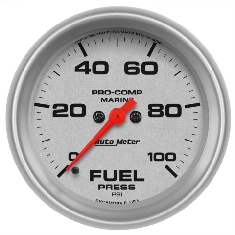 AutoMeter Pro-Comp Marine Analog Gauges 200851-33 Gauge, Marine, Fuel Pressure, 2 5/8 in., 0-100 psi, Full Sweep, Silver Face, Red Pointer, Silver Bezel, Electrical, Each