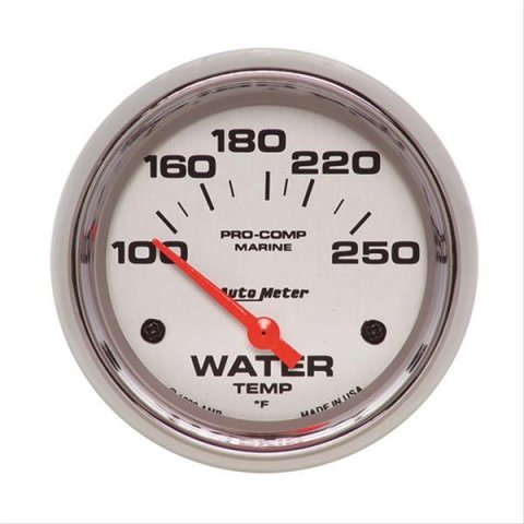 AutoMeter Pro-Comp Marine Analog Gauges 200763-35 Gauge, Marine, Water Tempurature, 2 5/8 in., 100-250 degrees F, Short Sweep, Silver Face, Red Pointer, Silver Bezel, Electrical, Each