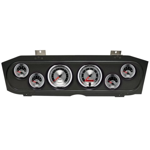 AutoMeter American Muscle Instrument Clusters for 1969-1970 COUGAR - 2913-01 Gauge Kit, Muscle, Analog, Silver Face, Speedo, Tach, Oil, Water, Volt, Fuel, White Numbers, Red Pointers, Black Panel, Mercury, Kit