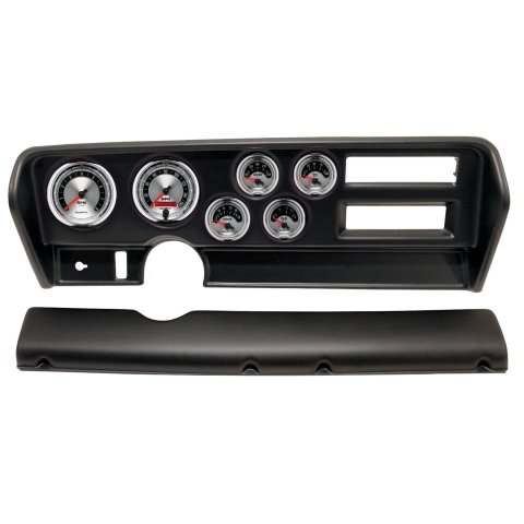 AutoMeter American Muscle Instrument Clusters for 1970-1972 GTO, LEMANS - 2915-01 Gauge Kit, Muscle, Analog, Silver Face, Speed, Tach, Oil, Water, Volt, Fuel, White Numbers, Red Pointers, Black Panel, Pontiac, With A/C, Kit