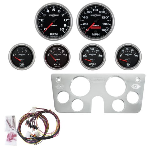 AutoMeter Sport-Comp II Instrument Clusters 7045-12 Gauge Kit, II, Analog, Black Face, Speedometer, Tachometer, Oil, Water, Volt, Fuel, White Numbers, Red Pointers, Aluminum Panel, Chevy, Kit