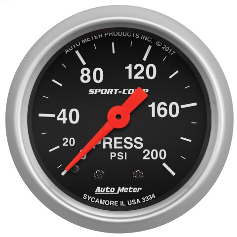 AutoMeter Sport-Comp Analog Gauges 3334 Gauges, Gauges, Pressure, 0-200 psi, 2 1/16 in., Black Face, White Numbers, Silver Bezel, Mechanical, Each