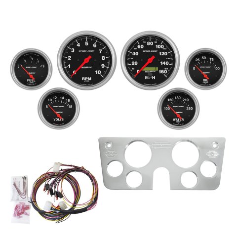 AutoMeter Sport-Comp Instrument Clusters 7045-SC Gauges, Cluster, Analog, Speedometer, Tach, Water Temperature, Fuel Level, Black Face, Polished Gauge Panel, Chevy, GMC, Kit