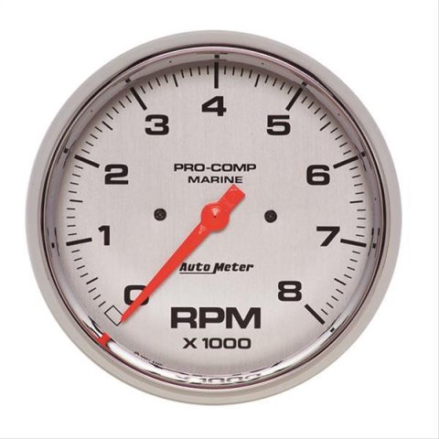 AutoMeter Pro-Comp Marine Tachometer Gauges 200797-35 Gauge, Marine, Tachometer, 5 in., 0-8,000 rpm, Full Sweep, Silver Face, Red Pointer, Chrome Bezel, Electrical, Each