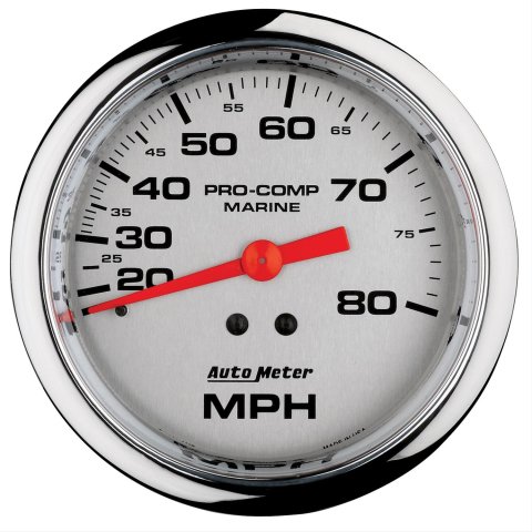 AutoMeter Pro-Comp Mechanical Speedometers 200753-35 Gauge, Marine, Speedometer, 3 3/8 in., 0-80 mph, Full Sweep, Silver Face, Red Pointer, Chrome Bezel, Mechanical, Each