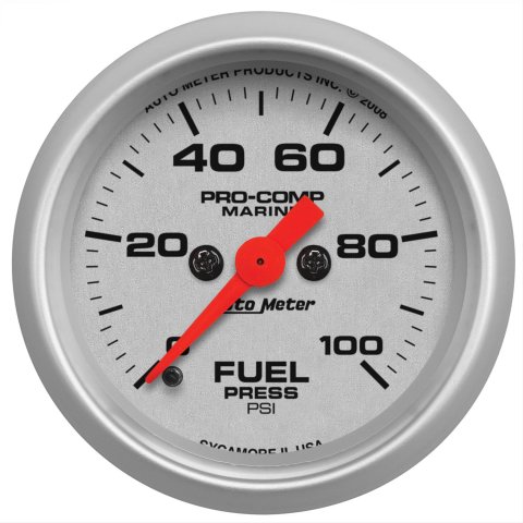 AutoMeter Pro-Comp Marine Analog Gauges 200850-33 Gauge, Marine, Fuel Pressure, 2 1/16 in., 0-100 psi, Full Sweep, Silver Face, Red Pointer, Silver Bezel, Electrical, Each