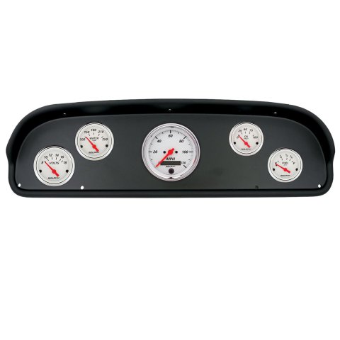 AutoMeter Arctic White Instrument Clusters for 1957-1960 F-100, F-250, F-350 - 2100-03 Gauge Kit, Series, Analog, Speedometer, Oil, Water, Volts, Fuel, Black Numbers, Red Pointers, Black Panel, Ford, F100, Kit