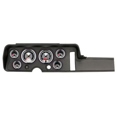 AutoMeter American Muscle Instrument Clusters for 1968 GTO, LEMANS - 2906-01 Gauge Kit, Muscle, Analog, Silver Face, Speedometer, Tach, Oil, Water, Volt, Fuel, White Numbers, Red Pointers, Black Panel, Chevy, Kit