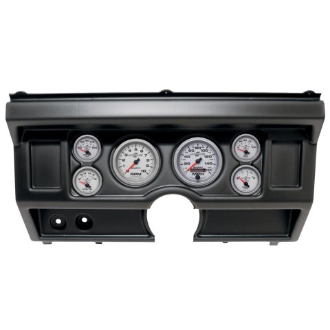 AutoMeter Ultra-Lite II Instrument Clusters 2918-14 Gauge Kit, II, Analog, Silver Face, Speedo, Tach, Oil, Water, Volt, Fuel, Black Numbers, Red Pointers, Black Panel, Ford, No A/C, Kit