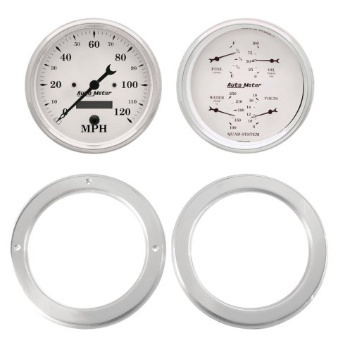AutoMeter Old Tyme White Series Instrument Clusters 7037-08 Gauge Kit, White, Analog, Speedometer, Oil, Water, Volt, Fuel, Black Numbers and Pointers, Aluminum Panel, Chevy, Kit