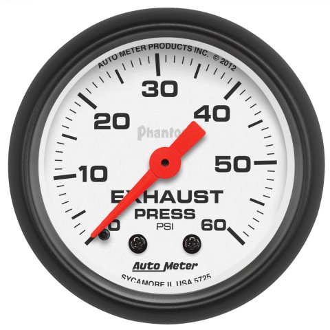 AutoMeter Phantom Analog Gauges 5725 Gauge, Phantom, Exhaust Back Pressure, 2 1/16 in., 0-60 psi, Full Sweep, White Face, Red Pointer, Black Bezel, Mechanical, Each