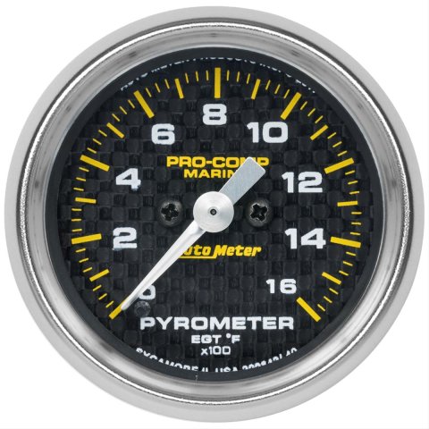 AutoMeter Pro-Comp Marine Carbon Fiber Analog Gauges 200842-40 Gauge, Marine, EGT/Pyrometer, 2 1/16 in., 0-1,600 degrees F, Full Sweep, Face, Silver Pointer, Silver Bezel, Electrical, Each