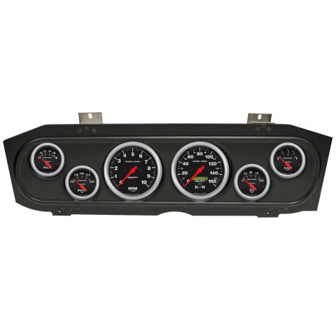AutoMeter Sport-Comp Instrument Clusters for 1969-1970 COUGAR - 2913-11 Gauge Kit, Sport-Comp, Analog, Black Face, Speedo, Tach, Oil, Water, Volt, Fuel, White Numbers, Red Pointers, Black Panel, Mercury, Kit