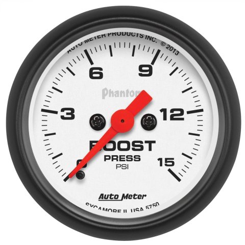 AutoMeter Phantom Analog Gauges 5750 Gauge, Phantom, Boost Pressure, 2 1/16 in., 0-15 psi, Full Sweep, White Face, Red Pointer, Black Bezel, Electrical, Each