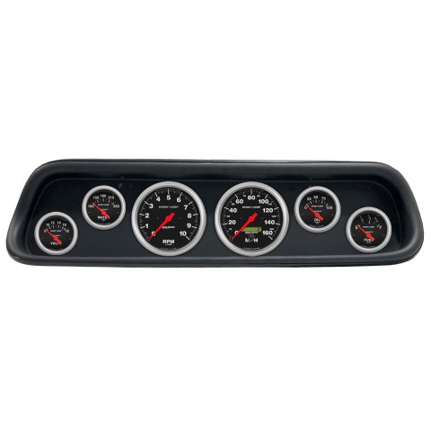 AutoMeter Sport-Comp Instrument Clusters for 1964-1965 MUSTANG - 2107-11 Gauge Kit, Sport-Comp, Analog, Black Face, Speedometer, Tach, Oil, Water, Volts, Fuel, White Numbers, Red Pointers, Black Panel, Ford, Kit