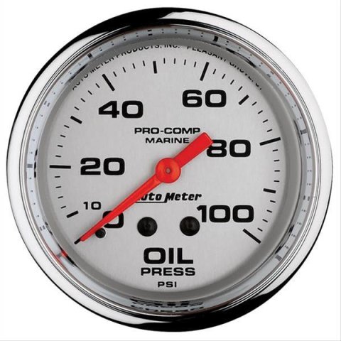 AutoMeter Pro-Comp Marine Analog Gauges 200777-35 Gauge, Marine, Oil Pressure, 2 5/8 in., 0-100 psi, Full Sweep, Silver Face, Red Pointer, Chrome Bezel, Mechanical, Each