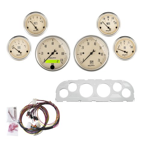 AutoMeter Antique Beige Instrument Clusters 7047-AB Cluster, Beige, Analog, Speedometer, Tach, Oil Pressure, Water Temperature, Fuel Level, Voltmeter, Polished Gauge Panel, Chevy, Kit