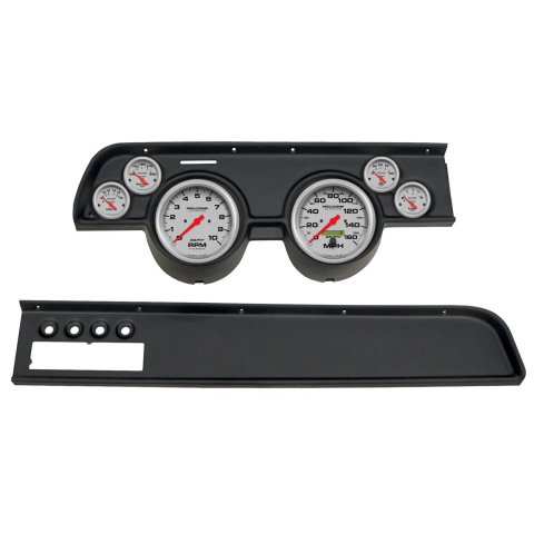 AutoMeter Ultra-Lite Instrument Clusters for 1967-1968 COUGAR - 2115-13 Gauge Kit, Ultra-Lite, Analog, Silver Face, Speedo, Tach, Oil, Water, Volts, Fuel, Black Numbers, Red Pointers, Black Panel, Mercury, With A/C, Kit