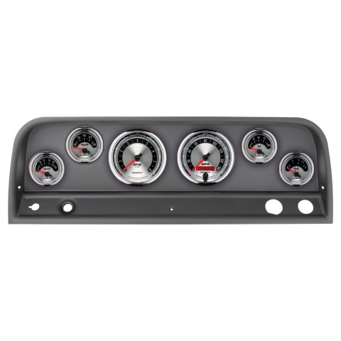 AutoMeter American Muscle Instrument Clusters 2128-01 Gauge Kit, Muscle, Analog, Silver Face, Speedo, Tach, Oil, Water, Volts, Fuel, White Numbers, Red Pointers, Black Panel, Chevy, Kit