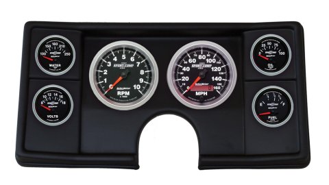 AutoMeter Sport-Comp II Instrument Clusters for 1982-1987 EL CAMINO, MONTE CARLO, 1982-1983 MALIBU - 2143-12 Gauge Kit, II, Analog, Black Face, Speedometer, Tach, Oil, Water, Volt, Fuel, White Numbers, Red Pointers, Black Panel, Chevy, Kit