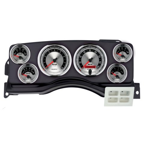 AutoMeter American Muscle Instrument Clusters for 1987-1989 MUSTANG - 2924-01 Gauge Kit, Muscle, Analog, Silver Face, Speedometer, Tach, Oil, Water, Volt, Fuel, White Numbers, Red Pointers, Black Panel, Ford, Kit
