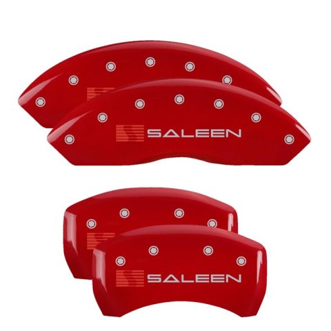 MGP Caliper Covers Brake 10198SSLNRD Set of 4 caliper covers, Engraved Front: Saleen - Engraved Rear: Saleen, Red powder coat finish, silver characters