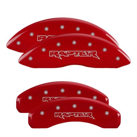 MGP Red Caliper Covers for 2020-2022 EXPEDITION, 2020 F-150 - 10239SRPTRD Set of 4 caliper covers, Engraved Front and Rear: Raptor, powder coat finish, silver characters