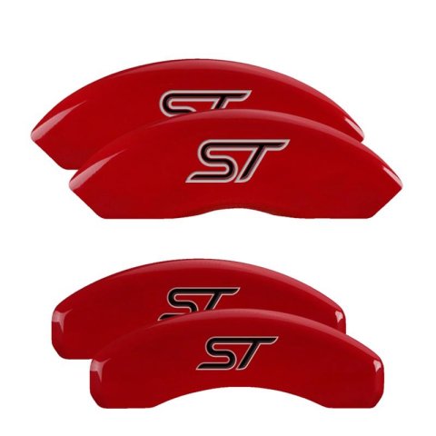 MGP Red Caliper Covers for 2020-2025 EXPLORER - 10254SST1RD Set of 4 caliper covers, Engraved Front and Rear: ST (No bolts), powder coat finish, silver characters